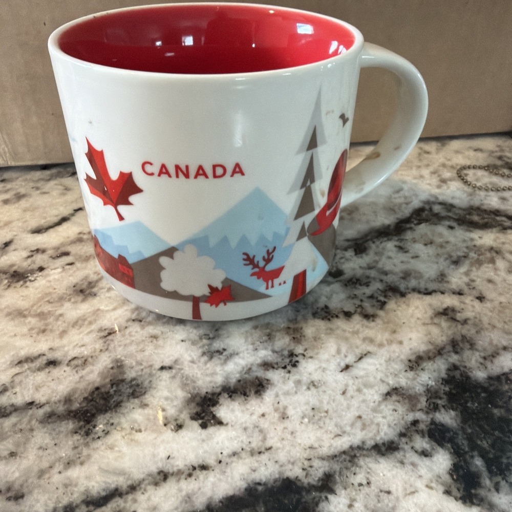 Starbucks Coffee Mug, Canada, White Red, Maple Leaf Mountain Reindeer Souvenir